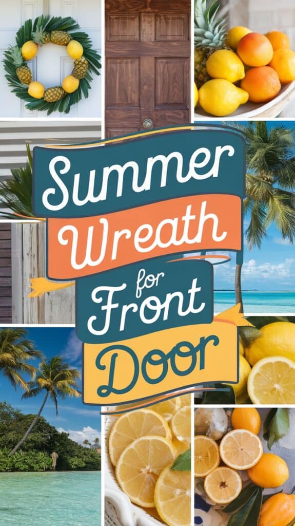A collage featuring a wooden front door, a pineapple wreath, tropical landscapes, and an arrangement of citrus fruits with the text "Summer Wreath for Front Door."