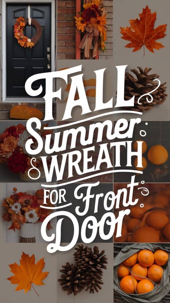 Collage of fall-themed decorations with text "Fall Summer Wreath for Front Door," featuring wreaths, leaves, pinecones, and pumpkins.