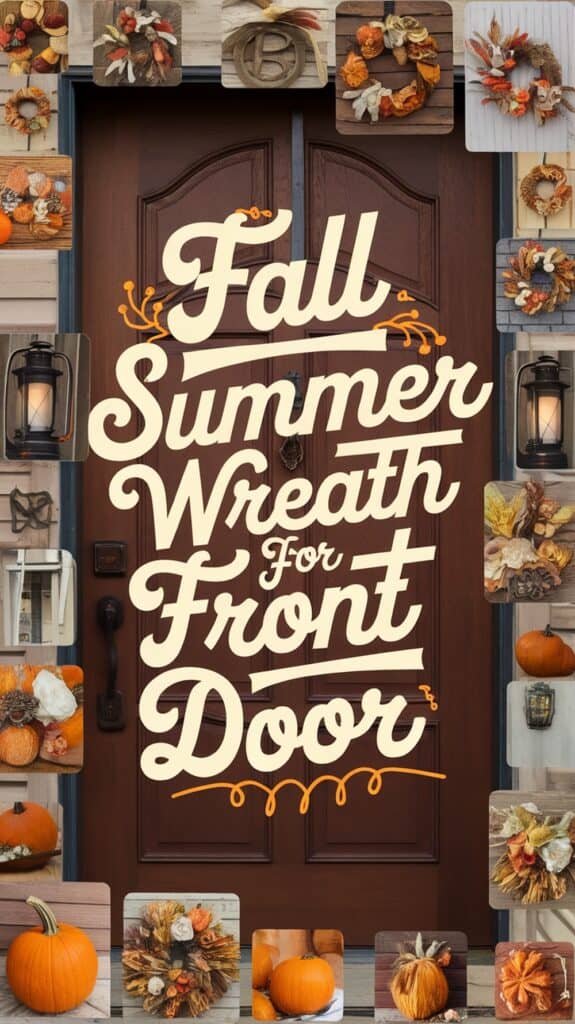 Text reads "Fall Summer Wreath For Front Door" over images of autumn-themed wreaths and pumpkins surrounding a wooden door.