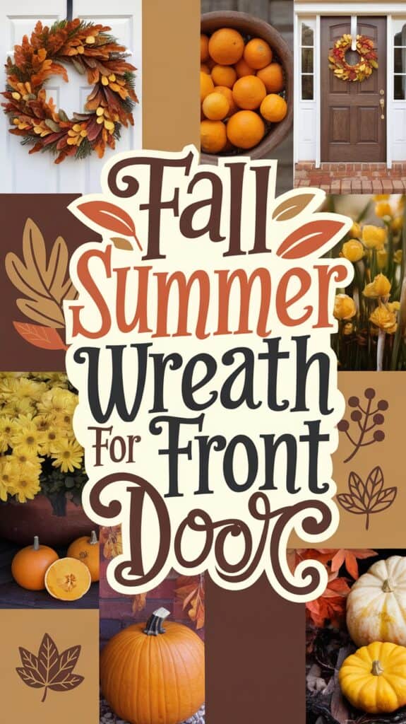 Collage of fall-themed decor with wreaths, pumpkins, flowers, and the text "Fall Summer Wreath For Front Door."
