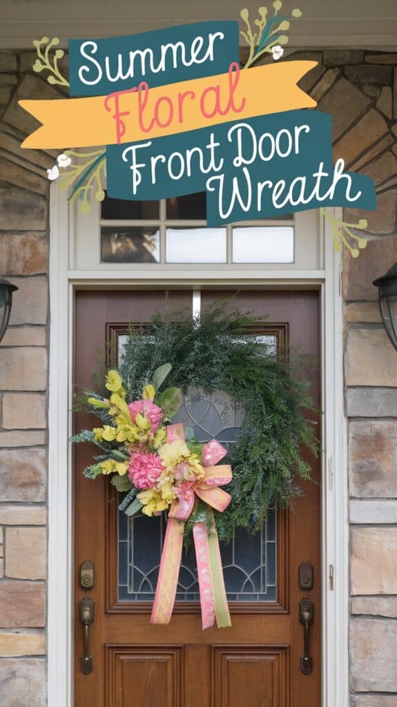 A wooden door adorned with a summer floral wreath and a decorative sign above it.