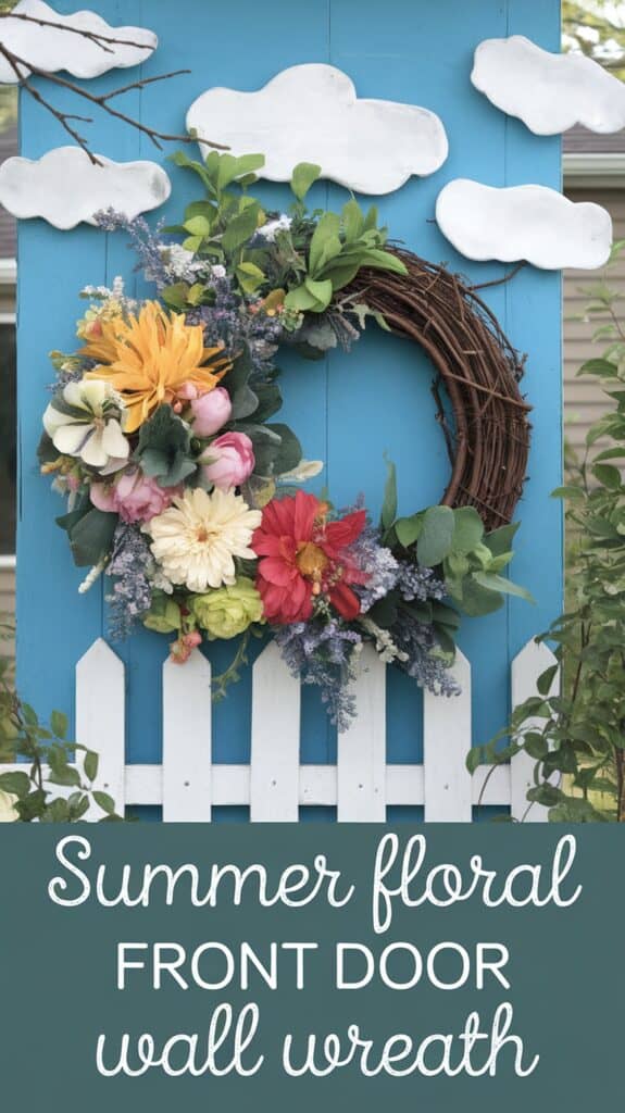 A colorful floral wreath with various flowers hangs on a blue door with a picket fence design and cloud accents.