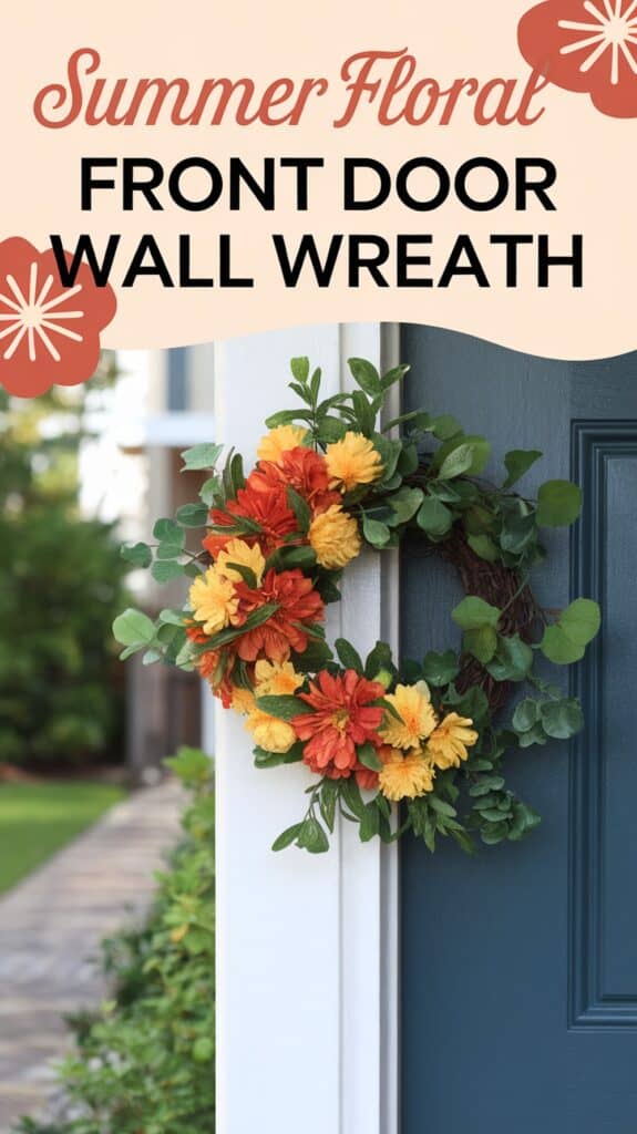 A wreath with vibrant orange and yellow flowers and green leaves hangs on a blue front door.