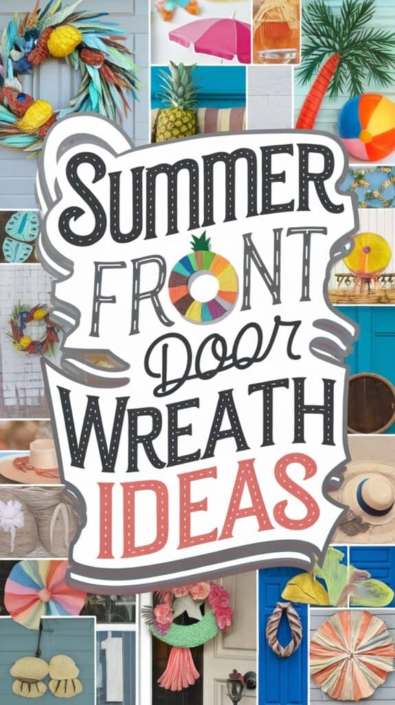 Collage of colorful summer wreaths on doors with text: "Summer Front Door Wreath Ideas."