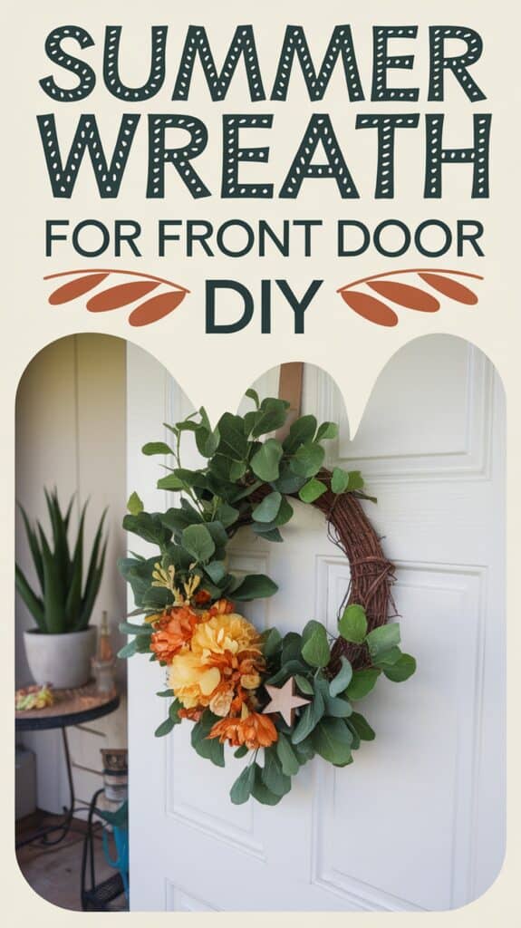 A summer wreath with orange flowers and green leaves hangs on a front door; the text reads "Summer Wreath for Front Door DIY."