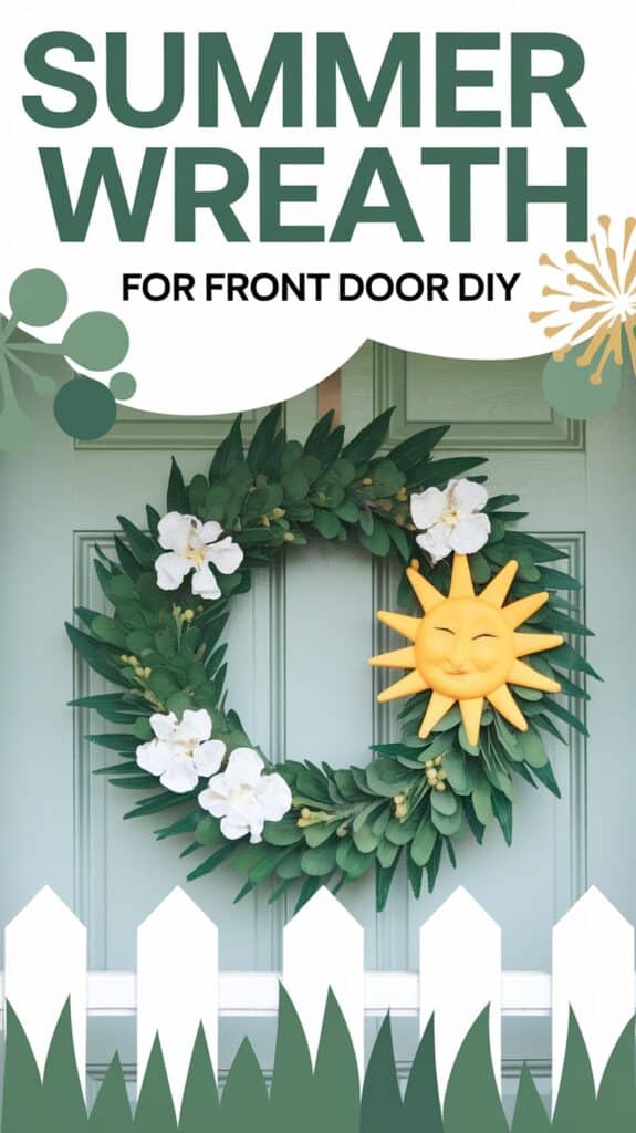 A wreath with green leaves, white flowers, and a smiling yellow sun on a door, with text reading "Summer Wreath for Front Door DIY".
