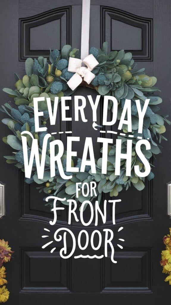 A decorative wreath with green leaves and a bow on a black front door, with the text "Everyday Wreaths for Front Door."