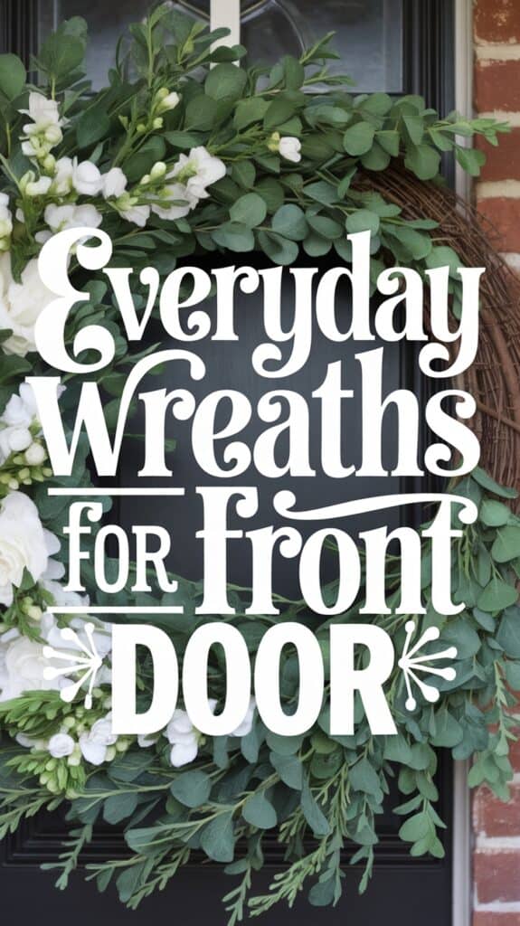 A wreath with green leaves and white flowers on a door with the text "Everyday Wreaths for Front Door."