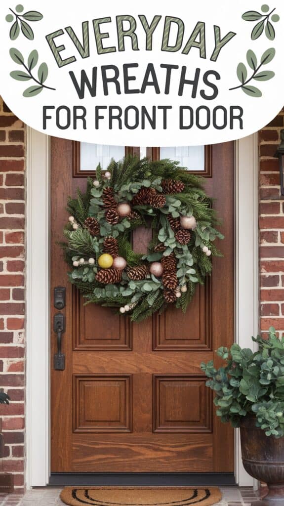 A festive wreath with pinecones and ornaments hangs on a wooden front door, accompanied by the text "Everyday Wreaths for Front Door."