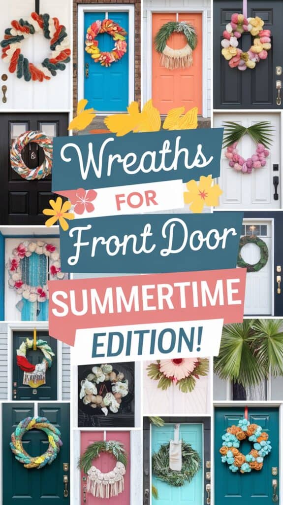 Collage of various colorful front door wreaths with the text "Wreaths for Front Door Summertime Edition!"