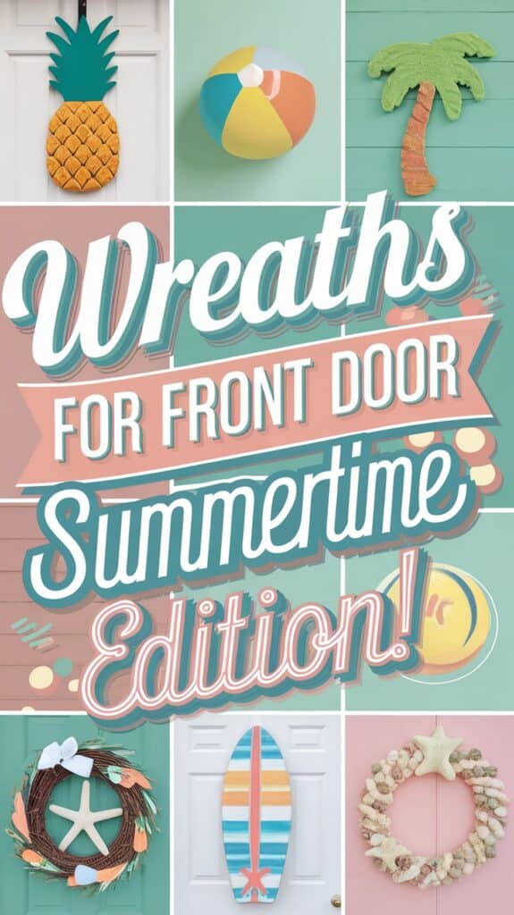 Collage of summer-themed wreaths, including a pineapple, beach ball, palm tree, surfboard, and starfish designs.