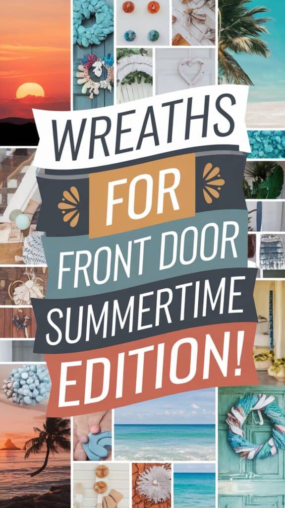 Collage of decorative wreaths and beach-themed images with the text "Wreaths for Front Door Summertime Edition!".
