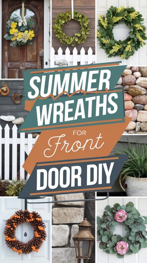 Collage of decorative summer wreaths on doors and walls with text: "Summer Wreaths for Front Door DIY."