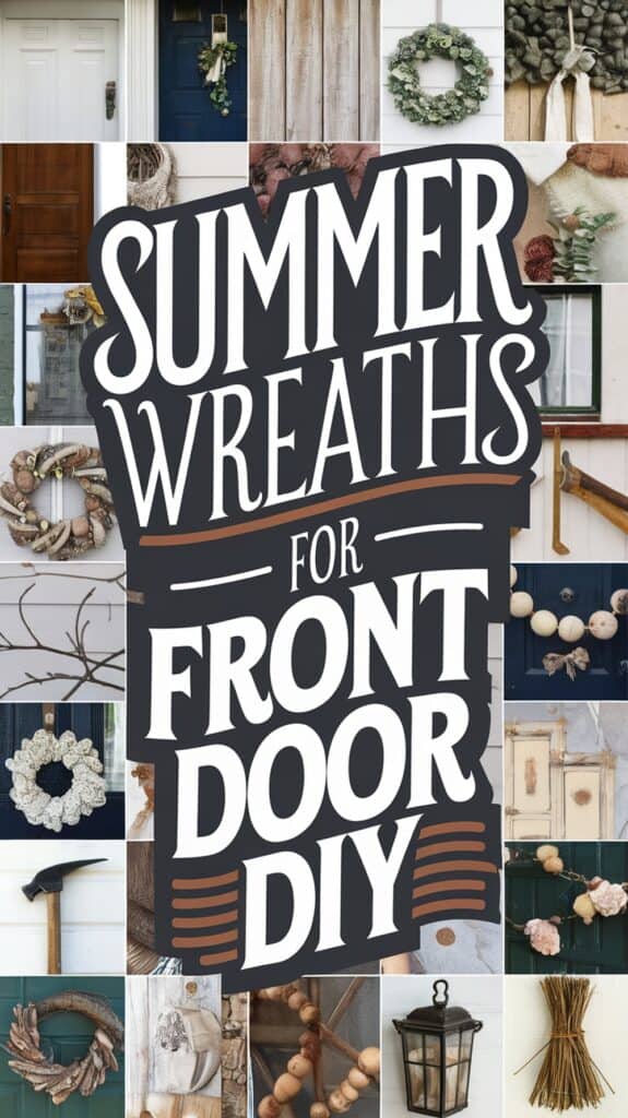 Collage of various summer wreaths and DIY front door decorations.