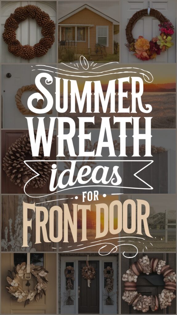 Collage of various summer wreaths on front doors with text: "Summer Wreath Ideas for Front Door."