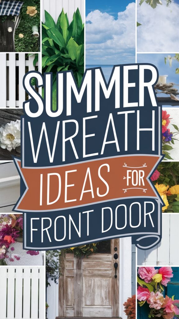 Collage of summer wreaths and front doors with the text "Summer Wreath Ideas for Front Door."