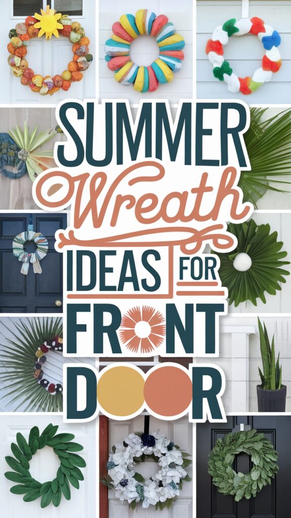 Collage of various summer wreaths on doors, with text: "Summer Wreath Ideas for Front Door."