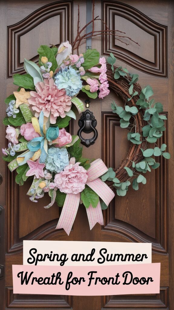 Colorful spring and summer wreath with flowers and bows on a wooden door, with text reading "Spring and Summer Wreath for Front Door" below.