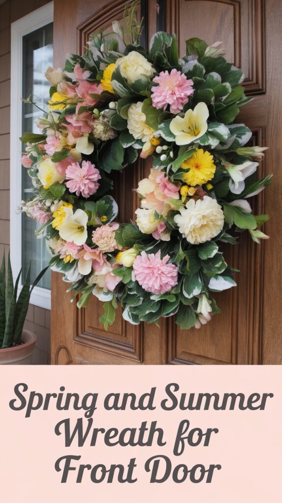 Floral wreath with pastel pink, yellow, and white flowers hangs on a wooden door, accompanied by text about spring and summer.