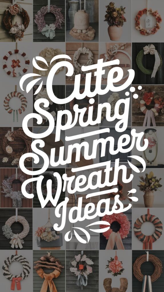Collage of various decorative wreaths with the text "Cute Spring Summer Wreath Ideas" in stylish lettering.