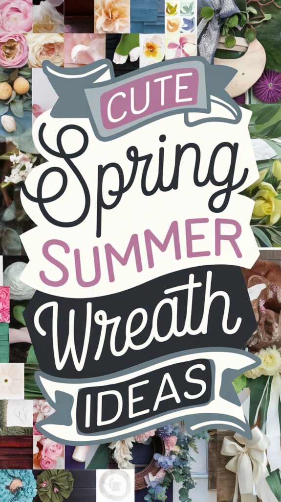 Collage of various floral wreaths with text reading "Cute Spring Summer Wreath Ideas" in colorful, decorative fonts.