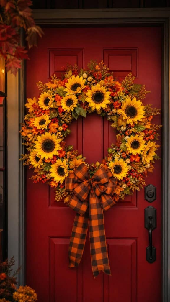 Sunflower Wreath with Plaid Ribbon