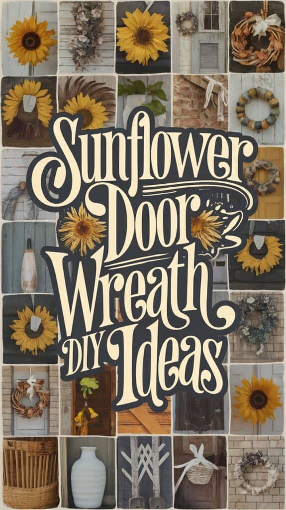 Collage of various sunflower-themed door wreaths with the text "Sunflower Door Wreath DIY Ideas" in the center.