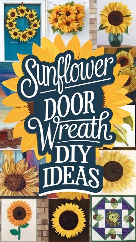 Collage of sunflower-themed door wreaths and art, with the text "Sunflower Door Wreath DIY Ideas" in the center.