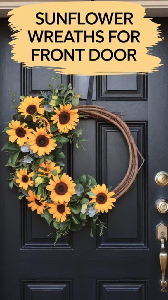 Wicker wreath with bright sunflowers and greenery on a black front door.