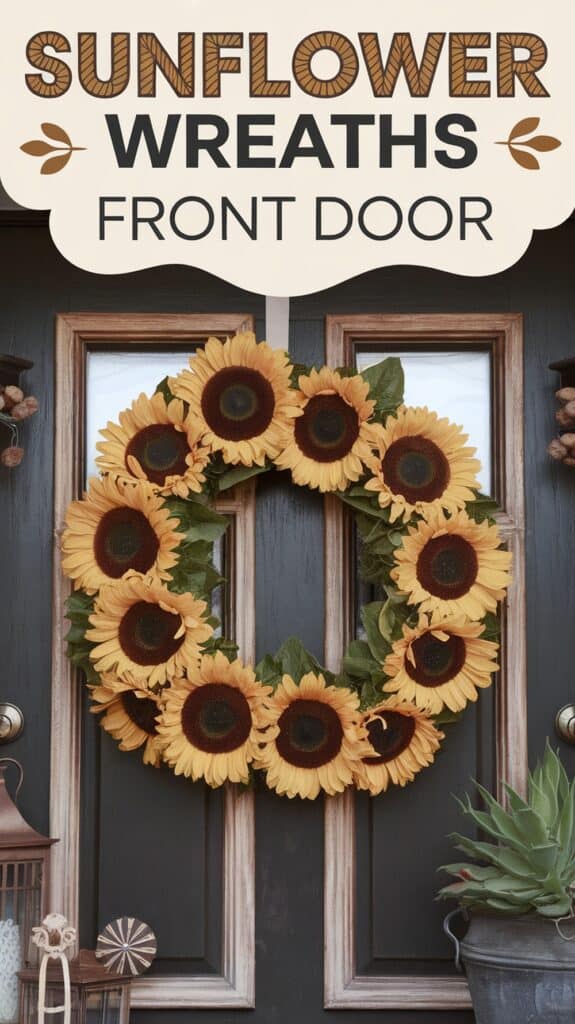 A wreath of large sunflowers hangs on a front door, with decorative text above.