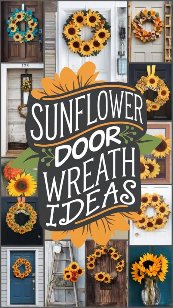 Collage of sunflower door wreaths on various doors with the text "Sunflower Door Wreath Ideas" in the center.