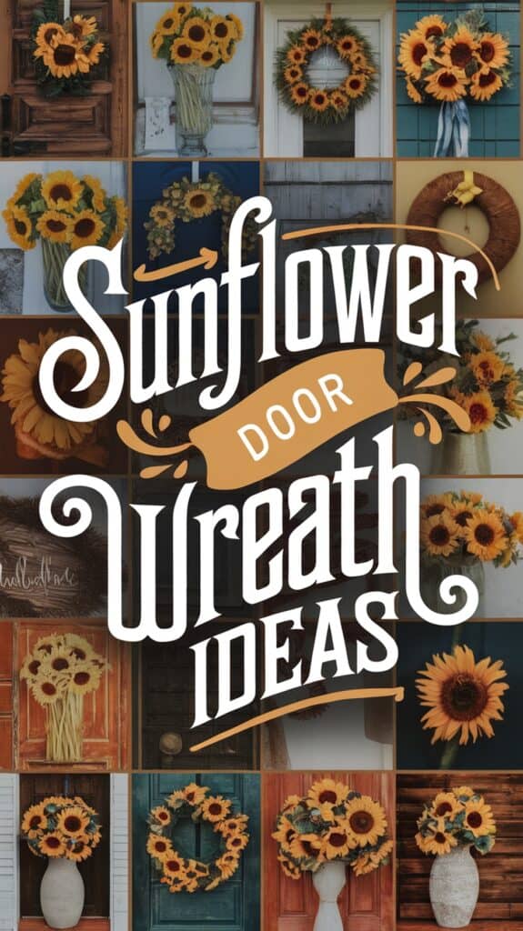 Various sunflower wreaths on doors with the text "Sunflower Door Wreath Ideas" in stylized fonts overlaid.
