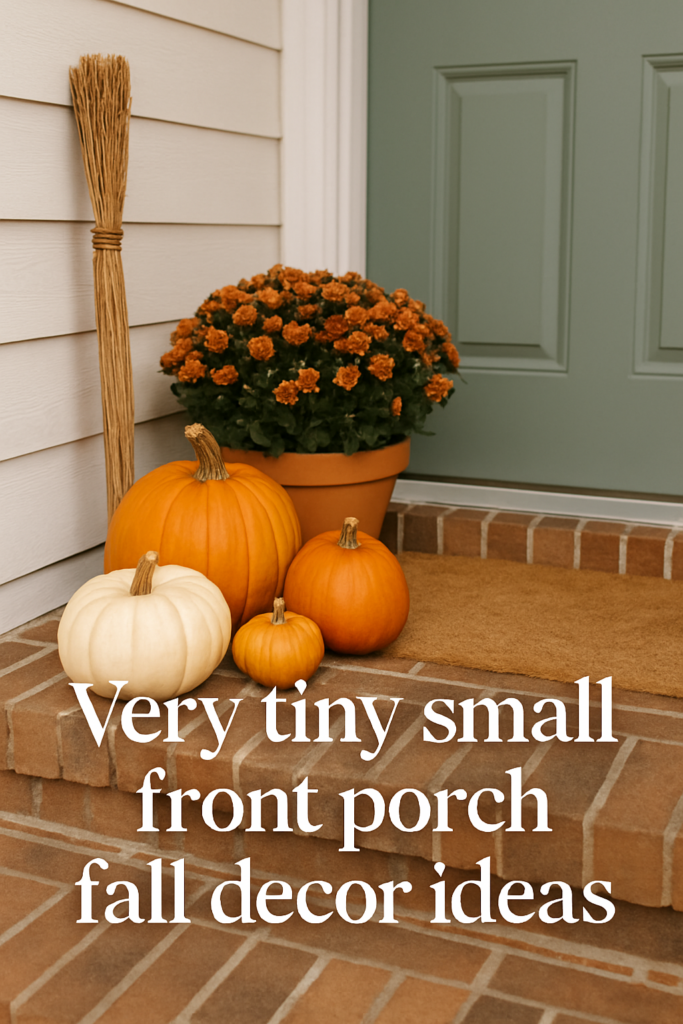Fall-themed porch decor with pumpkins, a potted orange chrysanthemum, and a broom, next to a green door.