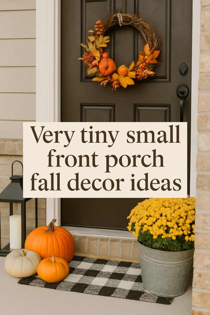 Front porch with autumn wreath, pumpkins, and yellow flowers next to a sign reading "Very tiny small front porch fall decor ideas."