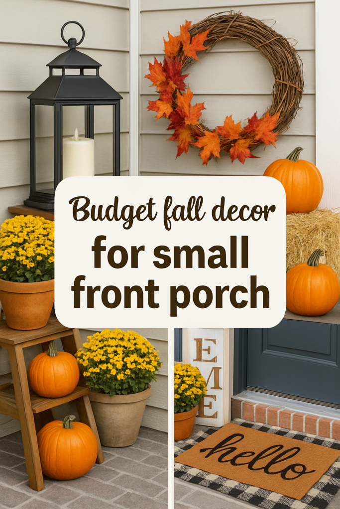 Autumn-themed porch with pumpkins, a lantern, yellow mums, and a wreath, featuring "Budget fall decor for small front porch" text.