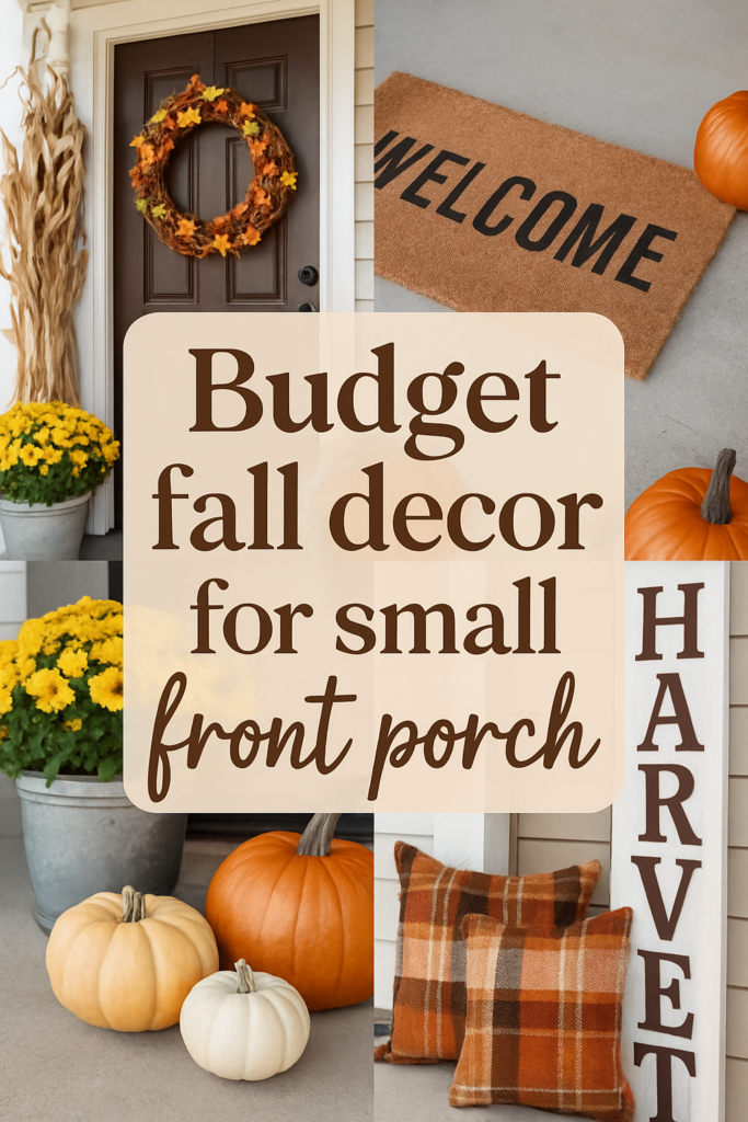 Fall-themed porch decor with pumpkins, yellow mums, a "WELCOME" mat, and a "HARVEST" sign.