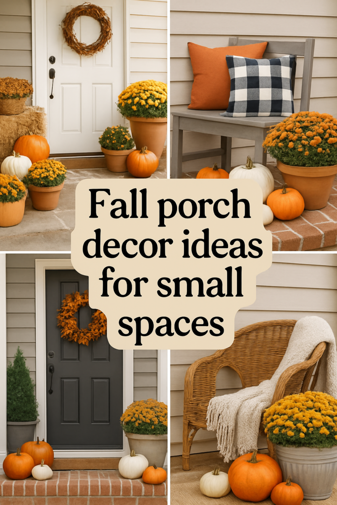 Collage of fall porch decor with pumpkins, mums, wreaths, and cozy seating near white and gray doors.