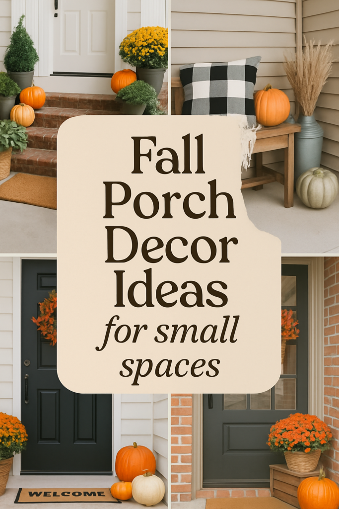 Fall porch decor with pumpkins, mums, and cozy seating on a small porch.