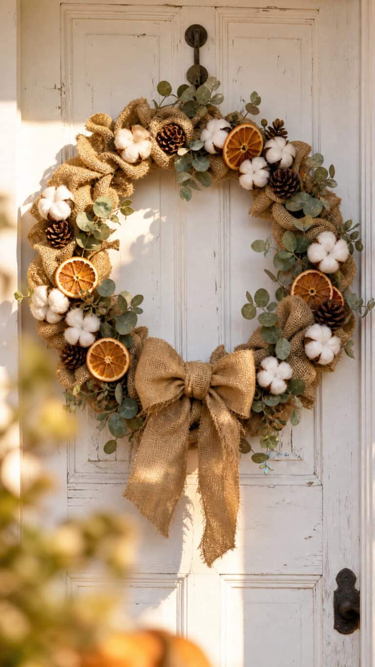 Classic Burlap and Cotton Farmhouse Fall Wreath