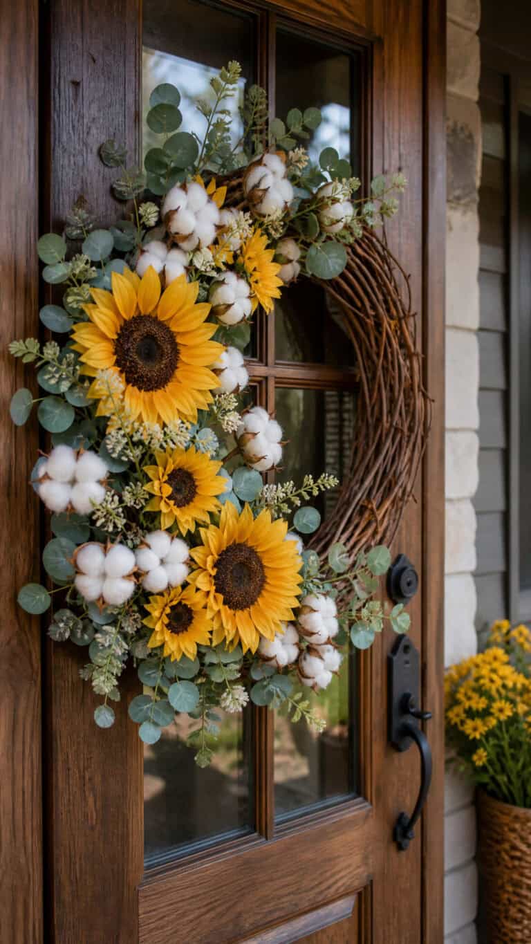 Sunflower and Cotton Boll Farmhouse Wreath