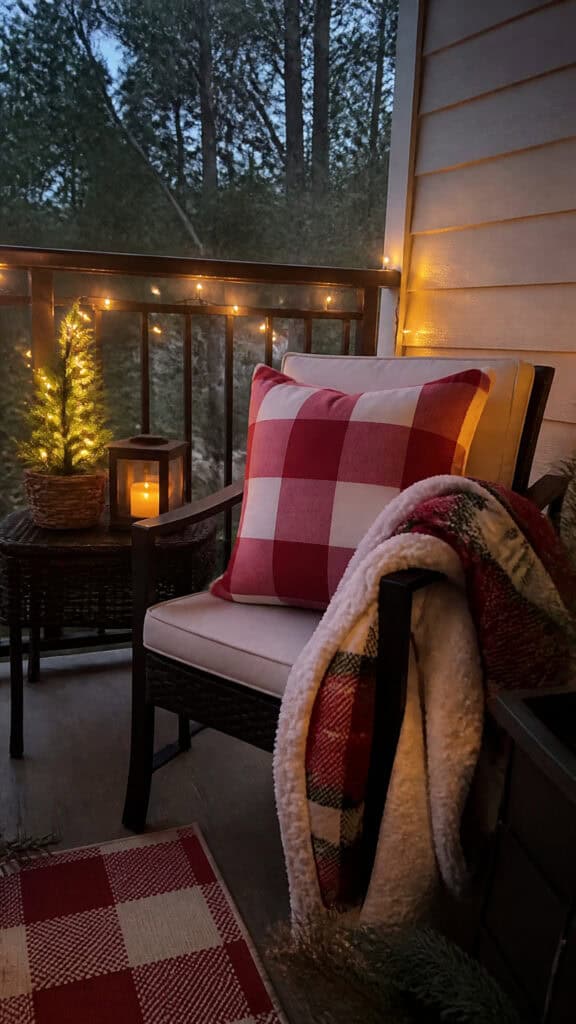 Cozy Outdoor Seating with Festive Throw Pillows and Blankets