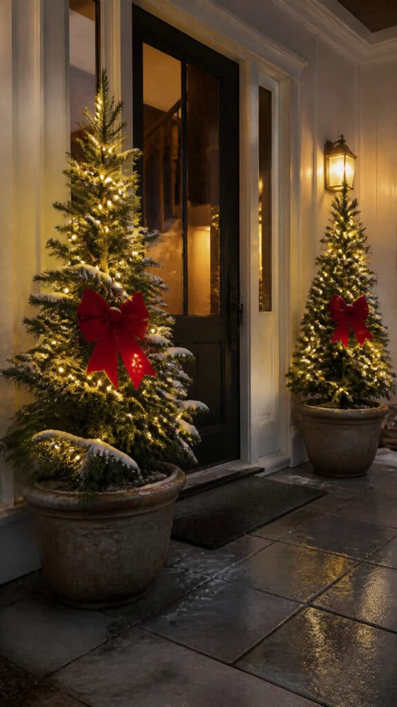 Potted Evergreens with Lights