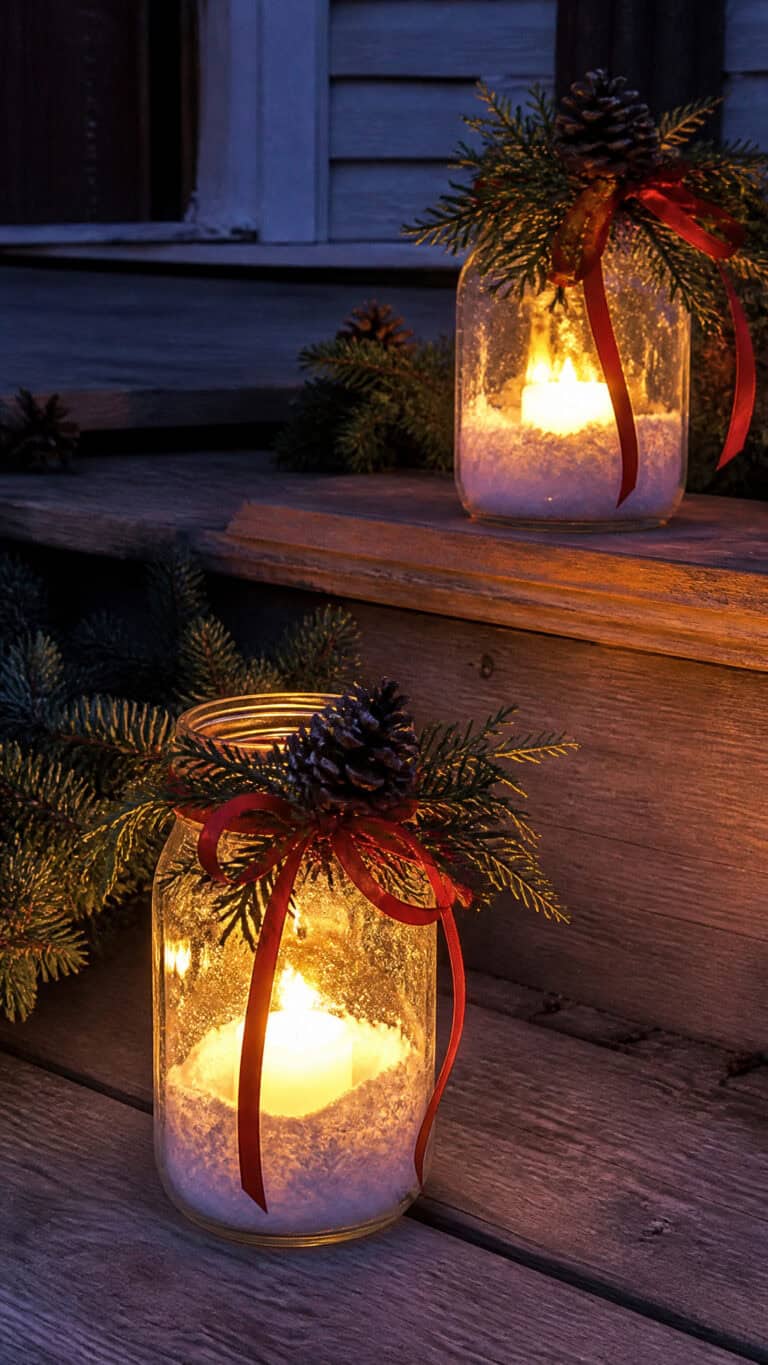 Mason Jar Lanterns with Evergreen Sprigs