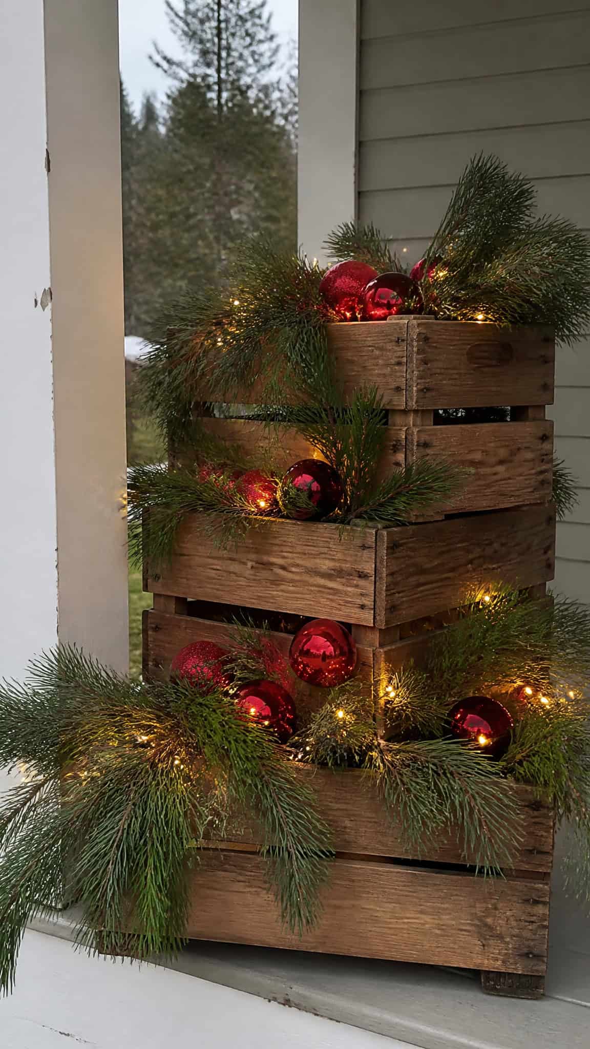 Classic Wooden Crates Filled with Greenery and Ornaments