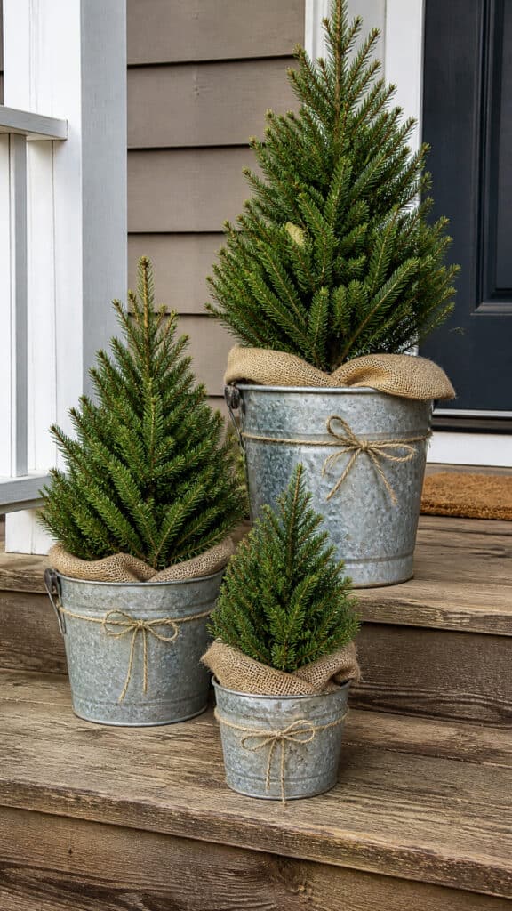 Galvanized Metal Buckets with Mini Christmas Trees
