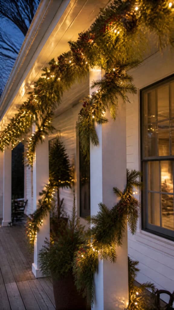 String Lights and Garland Along the Roofline