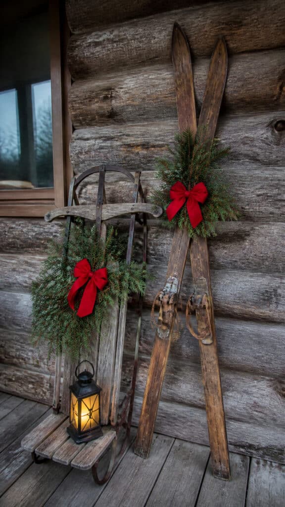 Vintage Sleds and Skis as Porch Props