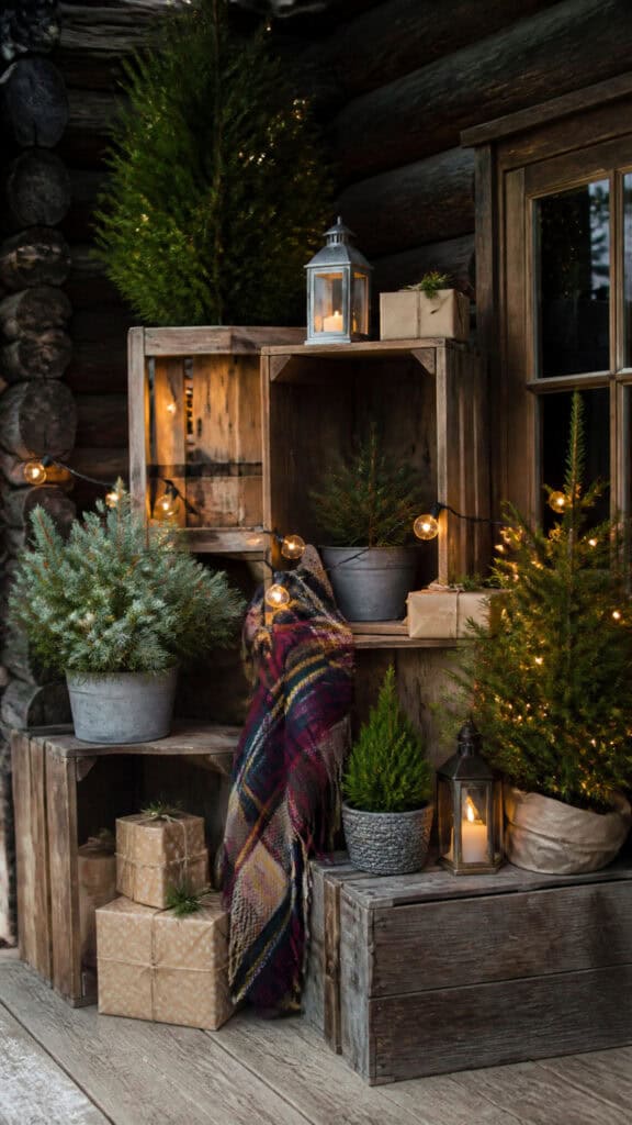 Wooden Crate Displays With Potted Evergreens