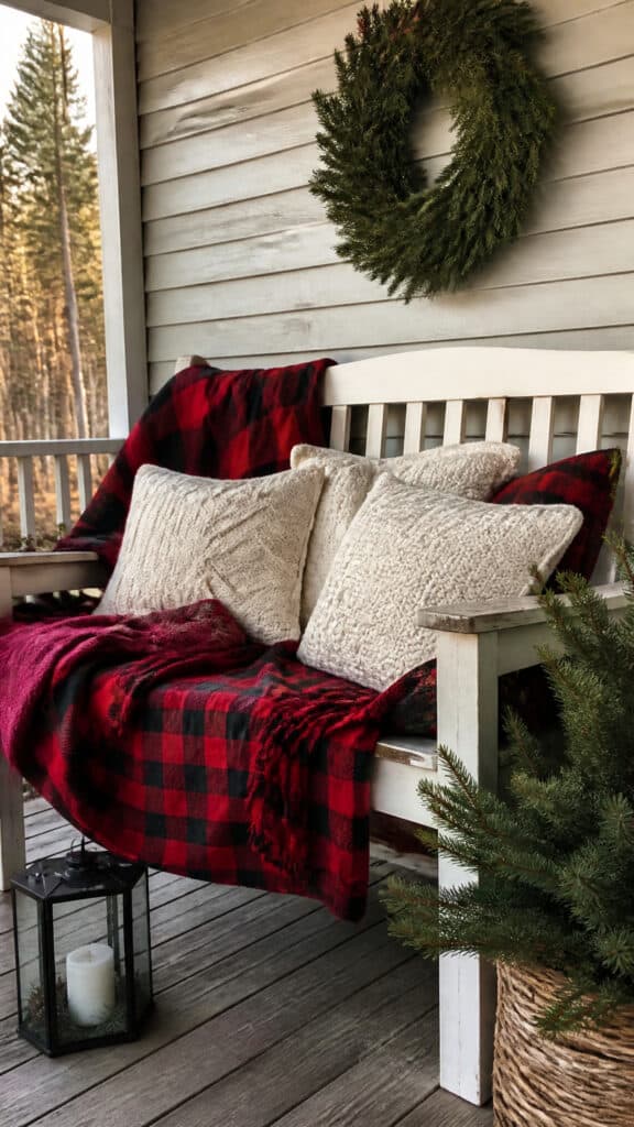 Cozy Plaid Blankets and Pillows on Porch Furniture