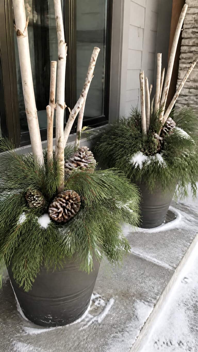 Evergreen Planters with Winter Branches